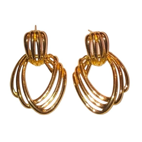 Monet Jewelry - Vintage Signed MONET Gold Tone Door Knocker‎ Dangle Open Ribs Pierced Earrings